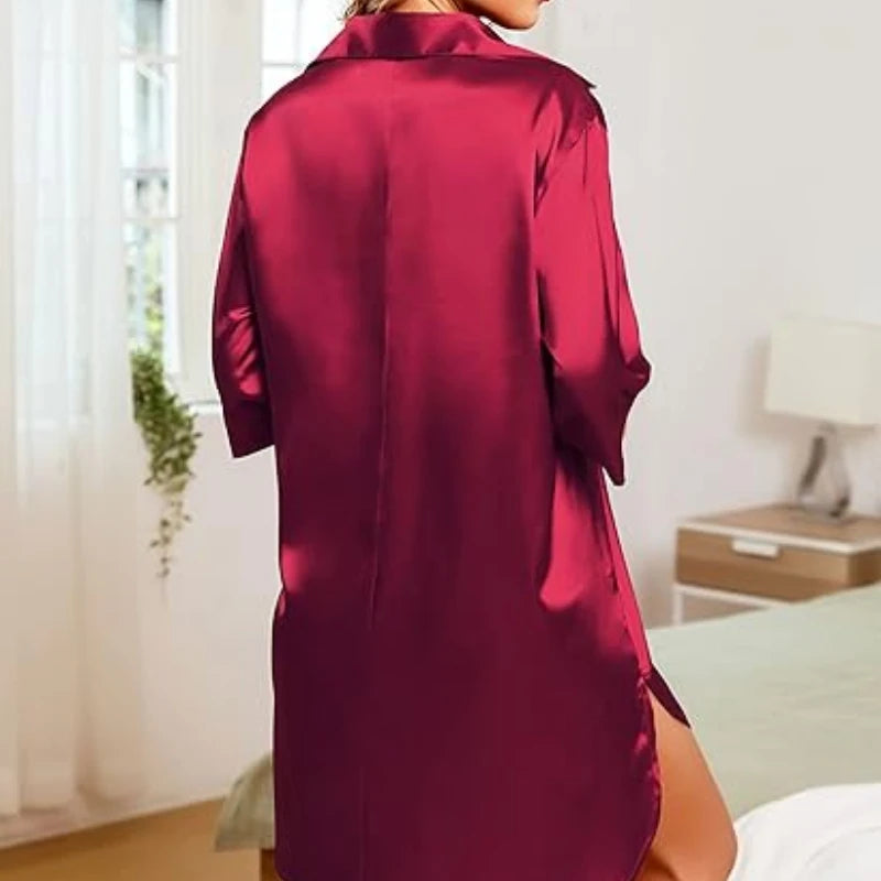 Chemise Pyjama Femme Bordeaux Soie — vue 4
