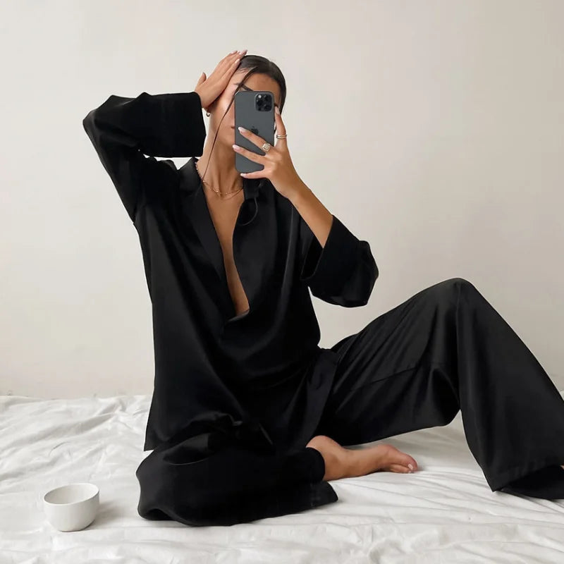 Pyjama Soie Noir Femme — vue 2